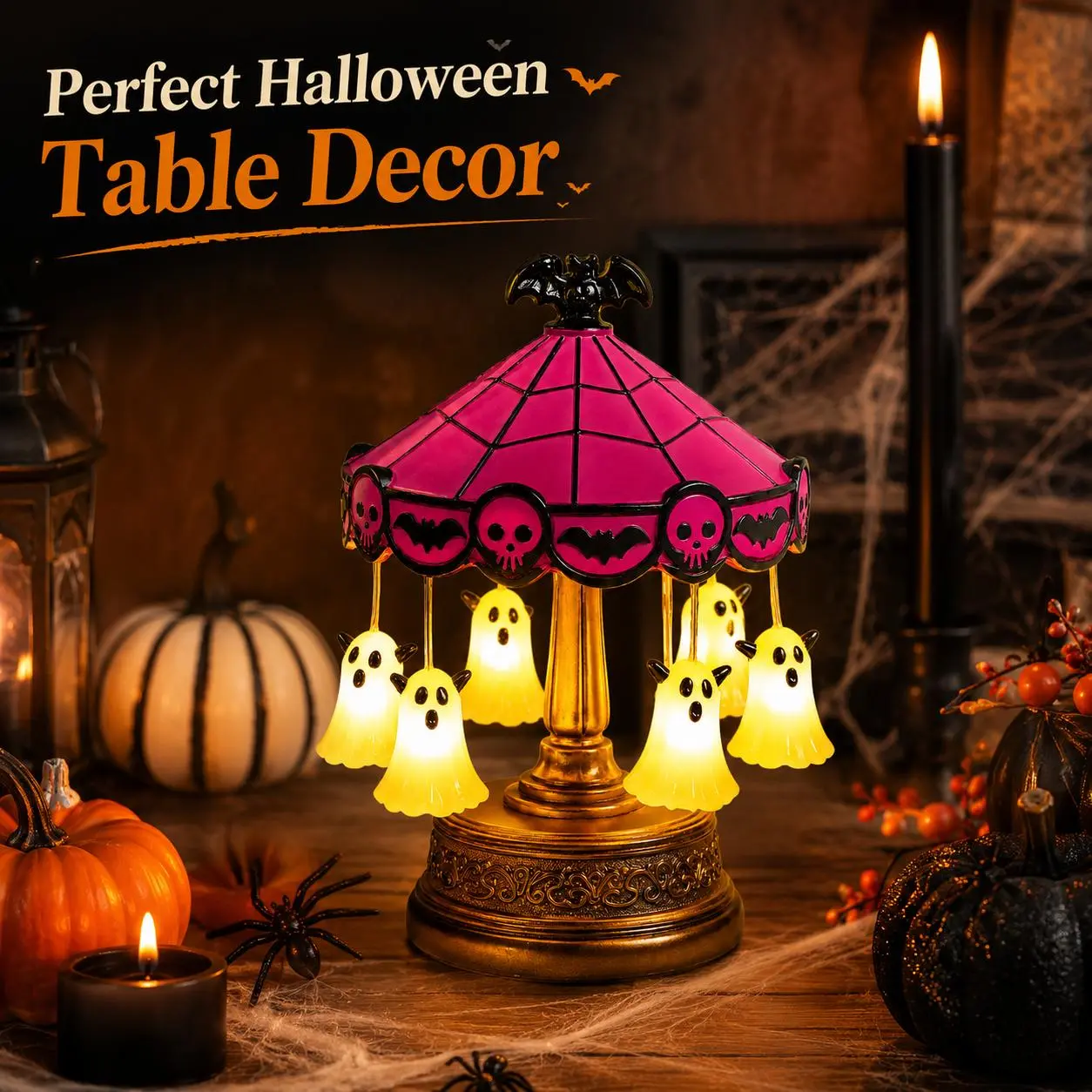 USB-Powered Rotating Halloween Ghost Carousel Lamp, Spinning LED Tabletop Night Light with Glowing Hanging Ghosts, Pink Spiderweb Canopy, Cute Spooky Halloween Decor for Bedroom, Desk, Shelf, Party & Gift