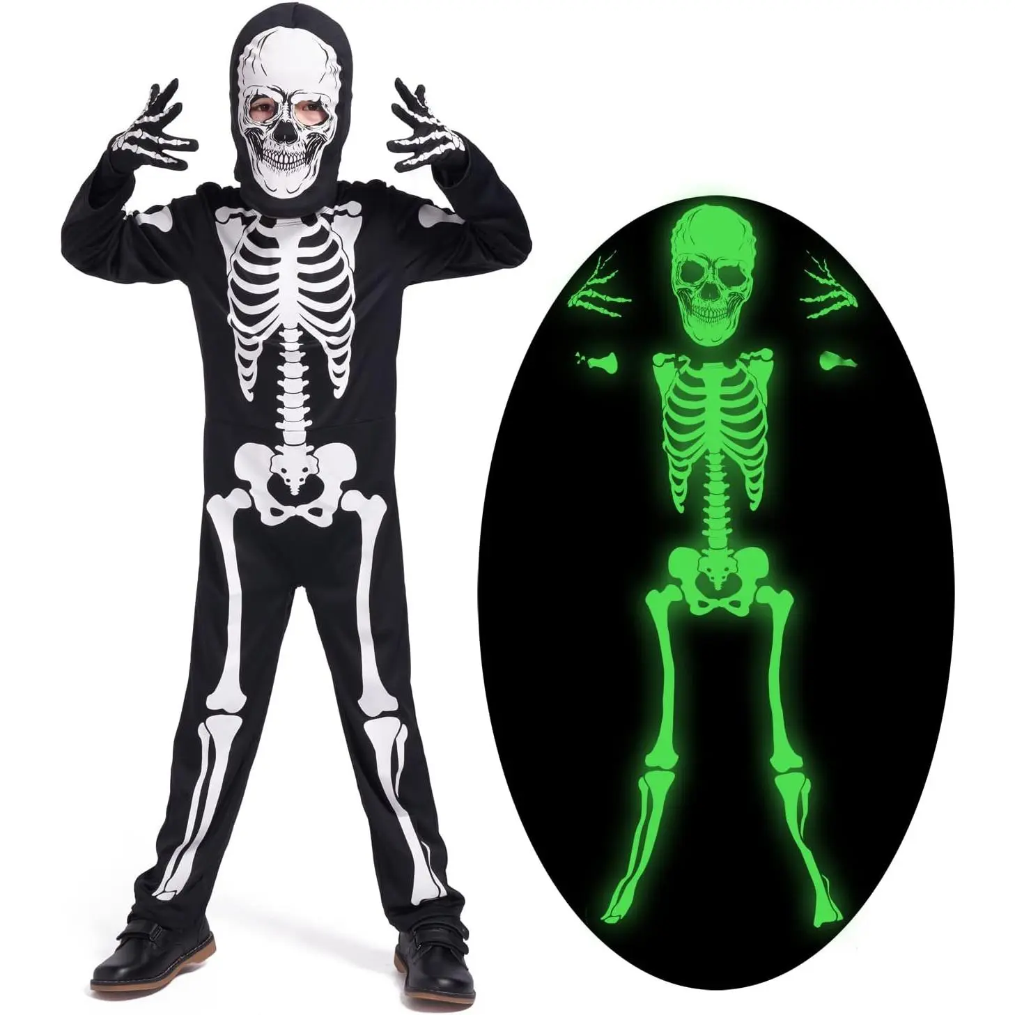 Leadtex Kids Glow in the Dark Skeleton Halloween Costume, All in One Skeleton Printed Jumpsuit with Hood and Gloves.