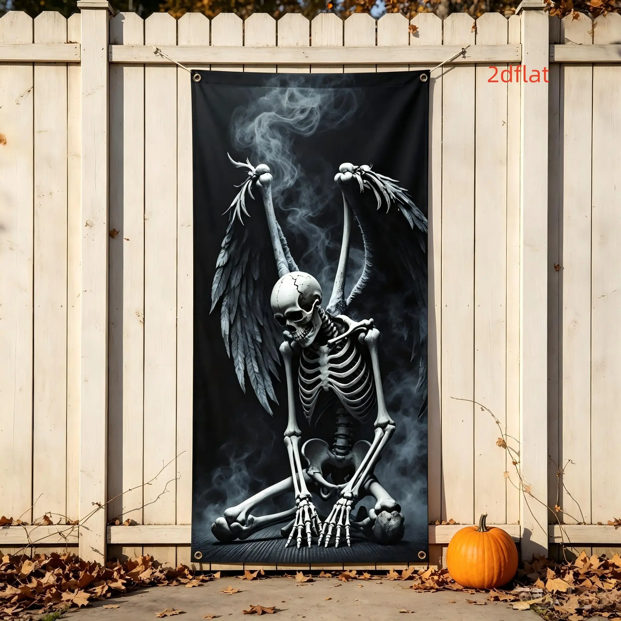 Halloween Gothic Skull Door Banner, Winged Bone Smoke Atmosphere Background, Indoor Outdoor Decor, Shop Wall Decoration, Spooky Photo Backdrop