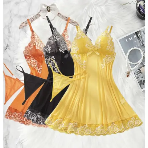 Women's 2-Piece Sheer Sensual Tulle Lingerie Set - Spaghetti Strap V-Neck Babydoll Silhouette Sleepwear, Lace Ruffle Edge, Loose-Fitting, Matching G-String Thong, All Seasons Chic Underwear for Women (XL)