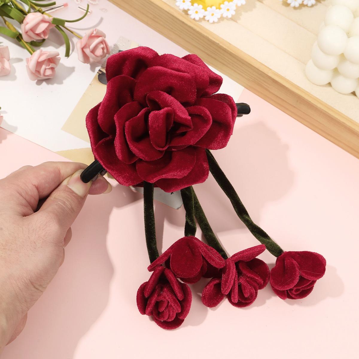 AWAYTR 2 Packs Velvet Rose Flower Hair Claw Clips for Women Girls 5.12" Large Floral Tassel Hair Clips Fashion  Barrettes for Thick Thin Hair Styling Accessories