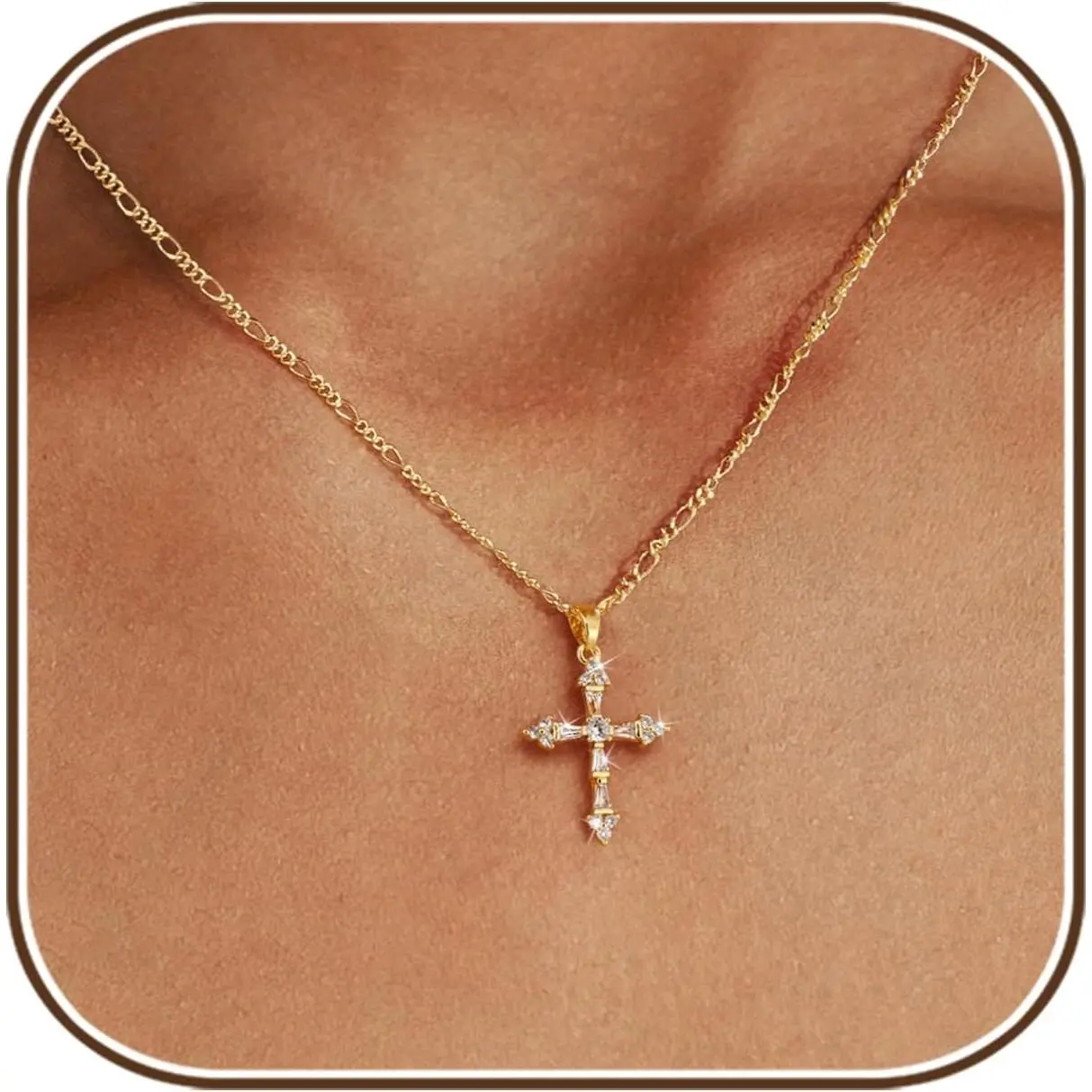 14K Gold Plated Cross Pendant Necklace for Women, Dainty Gold Cross Charm with Box Figaro Beads Chain, Non Tarnish Trendy Christian Faith Jewelry, Small Simple Cute GiftGift