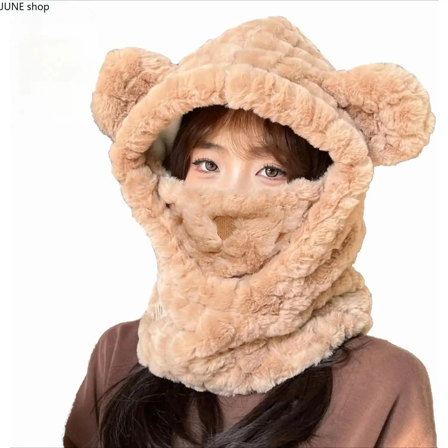 Women’s Cute Fur Bear Fleece 3-In-1 Balaclava Ski Mask, Windproof Adjustable Solid Color Hooded Scarf Hat, Soft Polyester Winter Headwear In Off-White Brown Gray Tones