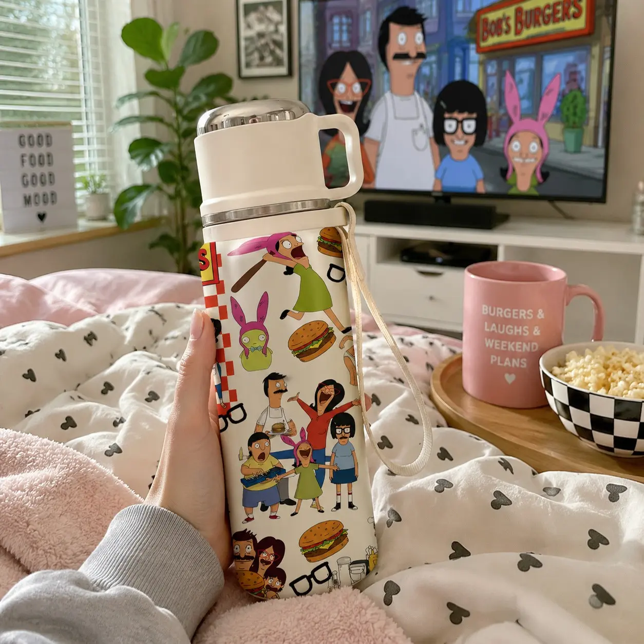 1PC 20oz Bob's Burgers Insulated Water Bottle with Handle, Cute Cartoon Print Stainless Steel Tumbler, Double Wall Vacuum Thermos, Leak Proof Travel Mug, Keeps Drinks Cold & Hot, Portable Bottle for Office, School, Gym, Camping, Daily Use & Holiday Gift