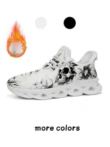 1 Pair White Base Sketch Skull Floral Leaf Winter Fleece Lined Blade Thick Sole Dad Shoes Warm Shock Absorbing Anti Slip Casual Sneakers For Men Women Thick Soled Eva