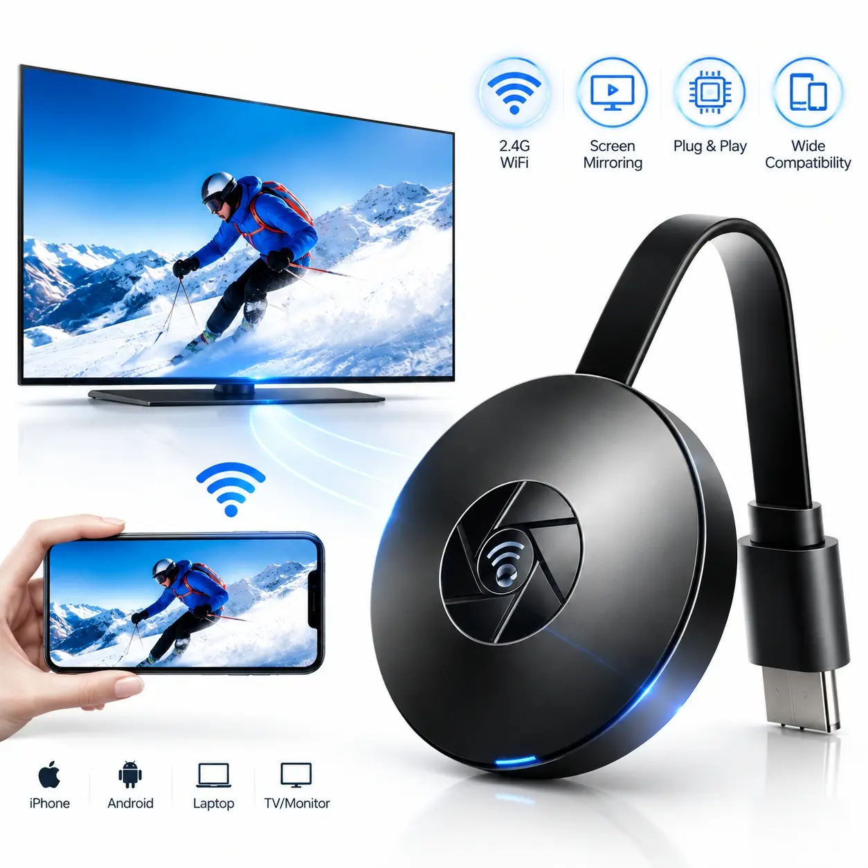 Wireless Screen Mirroring Adapter, Phone to TV Casting Device, 2.4G WiFi HDMI Receiver, Dual Mode Mirror & Extend Display, Plug & Play No App Needed for iPhone Android PC Mac, Electronic Gadgets