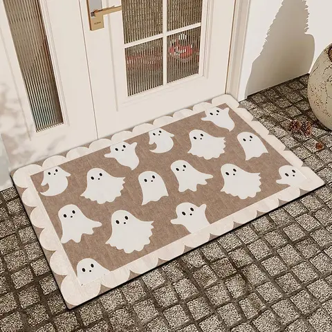 A Simple Ghost Halloween Doormat With Linen Surface, Diatom Mud, Anti-Slip And Water-Absorbing, Suitable For Entrance, Kitchen, Dining Room, Bathroom Decoration, Festival Home Decoration, Decorative Rug Mat