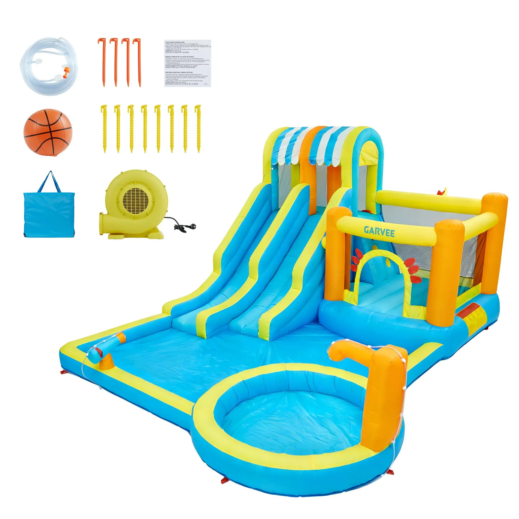 9-in-1 Inflatable Water Slide Park – Dual Racing Slides, Large Bounce House, Splash Pool, Water Launcher, Basketball Hoop, Climbing Wall, Ring Toss – Blow Up Pool for 3-10