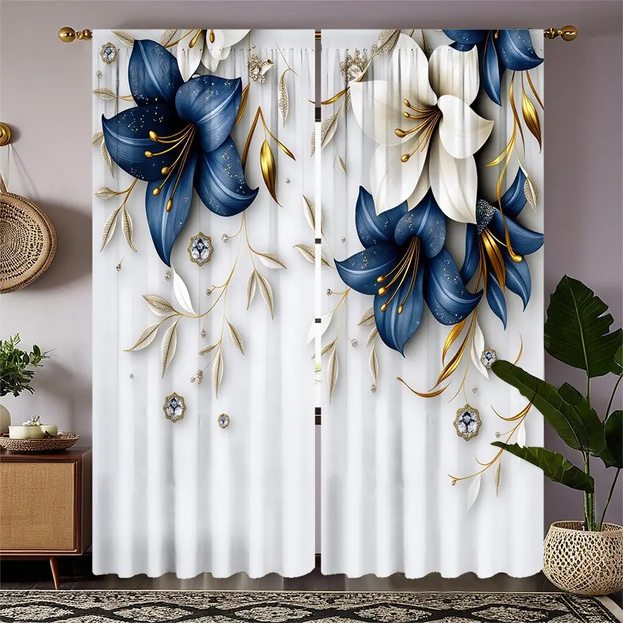 2 Piece Polyester 2D Plant Theme Curtains, Large Flower Pattern Rod Pocket Curtains, Bedroom and Living Room Decor, Lily Curtain Set, Window Drapes