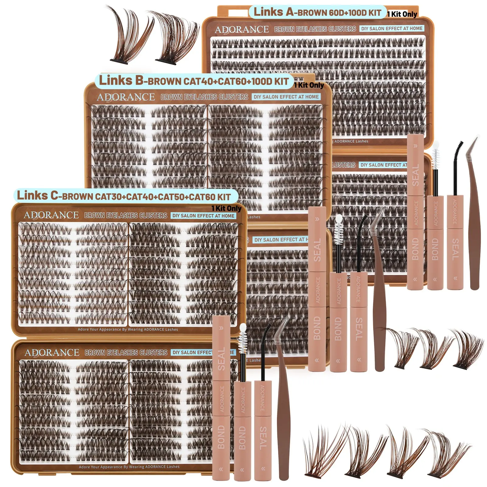 ADORANCE Brown Cat Eye Lash Clusters Kit, Fluffy Wispy Individual Eyelash Extensions, Natural Volume D Curl Cluster Lashes, DIY Lash Extension Kit with Bond & Seal and Application Tweezers