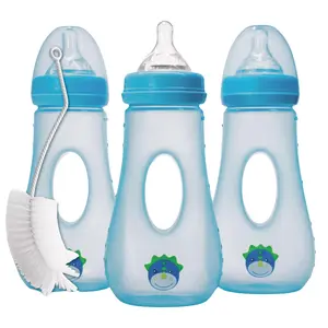 Easy Grip Anti Colic Baby Bottles, BPA Free, 8 oz. Wide Neck w/Medium Flow Silicone Nipples & Bottle Brush Blue Set (Pack of 3)