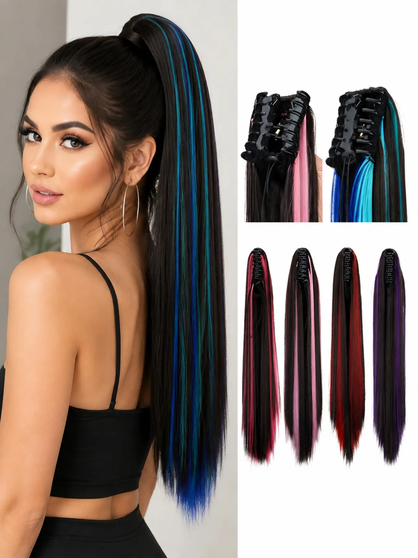 24 Inch Synthetic Ponytail Extension Clip In Hairpiece Long Straight Hair Color Highlight Ponytail Extension for Women