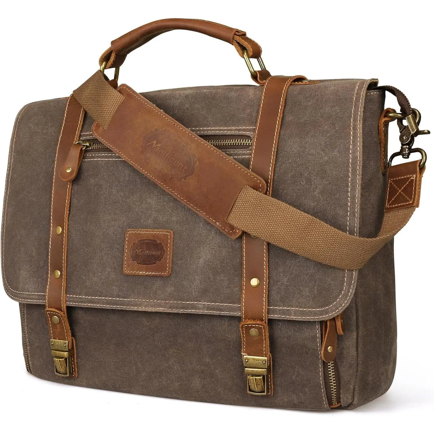 Laptop Messenger bag for Mens 15.6 Inch,    Mens Briefcase  bag 16 Storage Pockets, Waxed Canvas Leather  Business Satchel Work Bag (Brown)