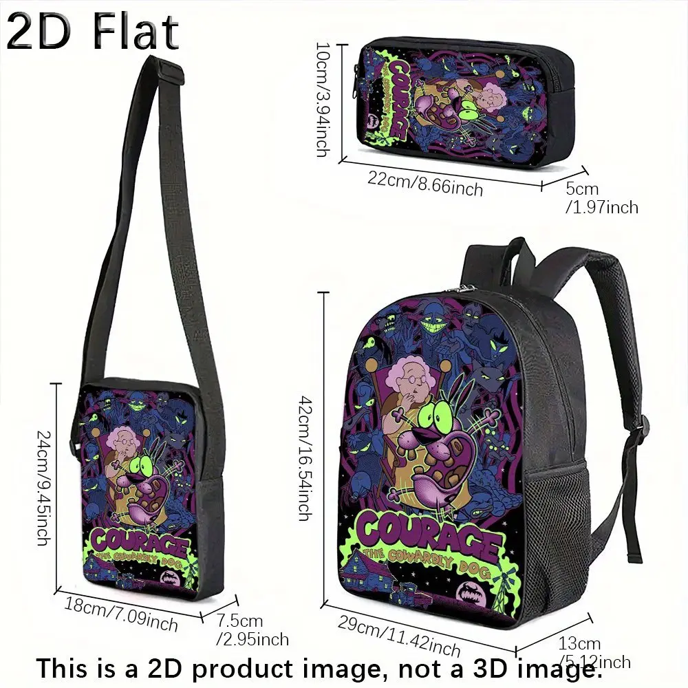 Courage The Cowardly Dog Themed Retro Chic 3-Piece Backpack Set - Backpack, Crossbody/Shoulder Bag, Pencil Case, Lightweight, Spacious, Adjustable Straps, Built-In Organizer, Athletic, Holiday Gift for Friends, Hand Wash Only, Do Not Wash, Back To School,