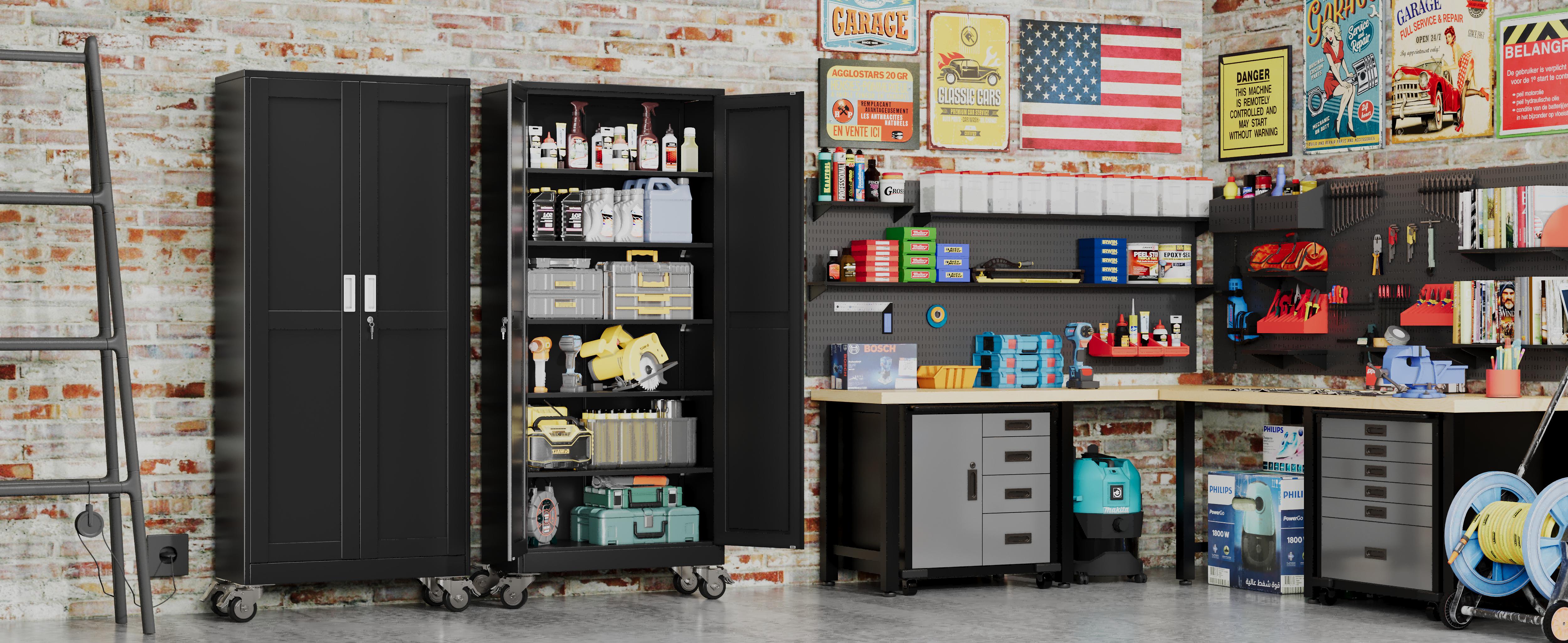 GEITIN 75" Tall Metal Garage Storage Cabinet with Wheels & Locking Doors, 5 Adjustable Shelves, Heavy Duty Steel Tool Cabinet for Garage, Home, Office, Shop