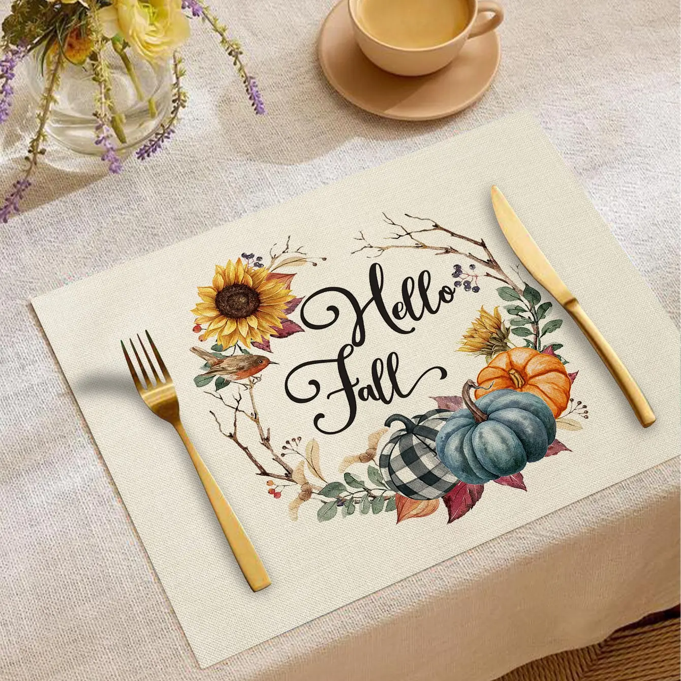 Autumn Harvest Table Placemats, Heat-Resistant Pumpkin Pattern, Minimalist Style, Ideal for Festive Dinners & Daily Use, Home Decor
