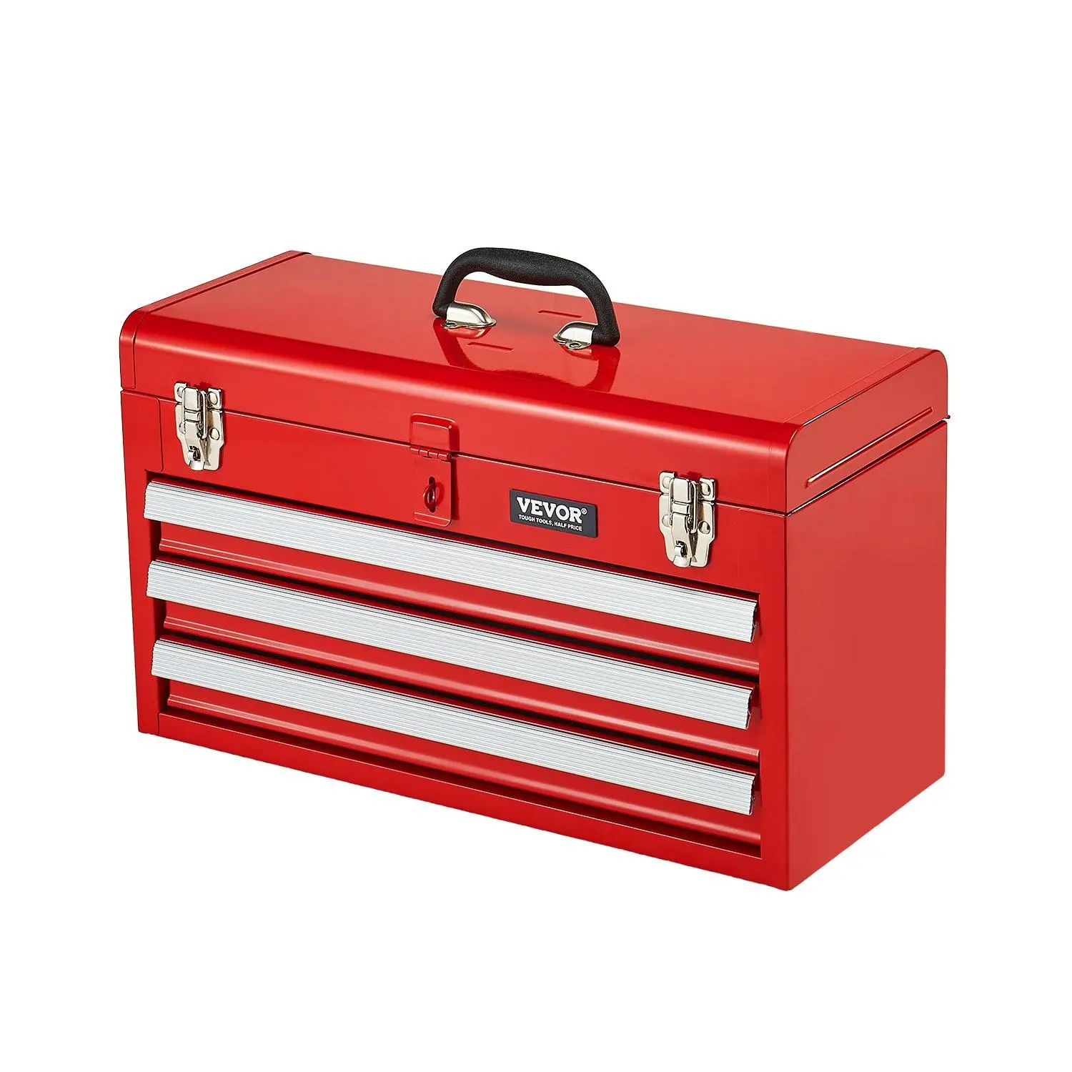 VEVOR Metal Tool Box, 20.5-inch, Portable Metal Tool Box with 3 Drawers, Small Tool Chest with EVA Liners, Ball Bearing Slide Drawers Locking Powder Coated Finish, Multi-Function Tool Organizer, Red