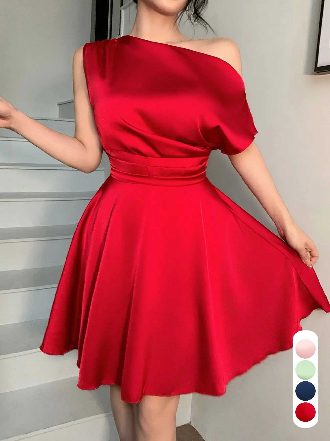 Summer Elegant Casual Women's Solid Color Dress, Asymmetrical One Shoulder Waist Cinched A-Line Short Dress, Fashion Summer Women's Clothing