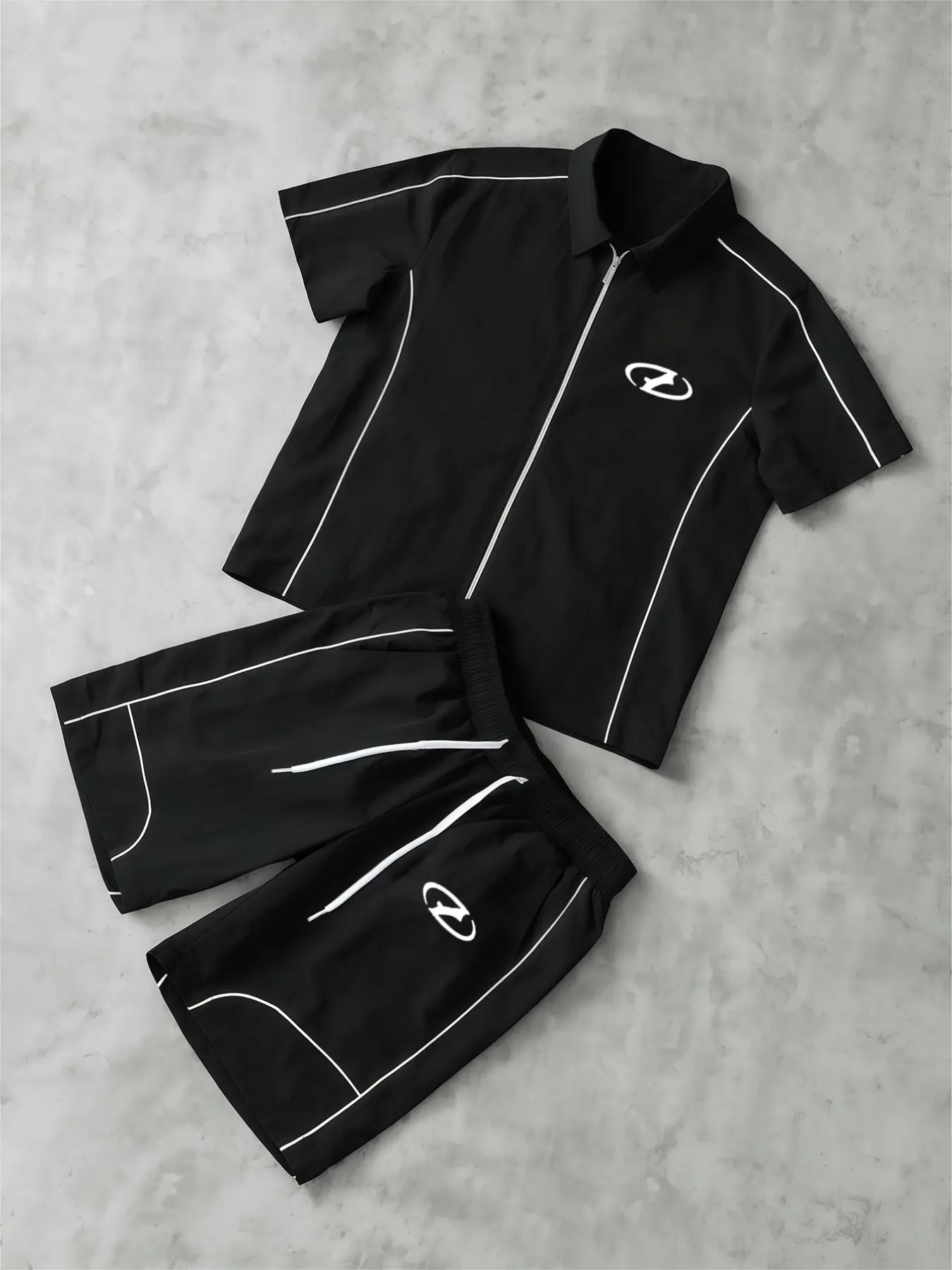 Men's Lightweight Windbreaker Two-Piece Set, 100% Nylon, Lapel Zip Short Sleeve Top, Loose Wide Leg Pants, Casual Sportswear