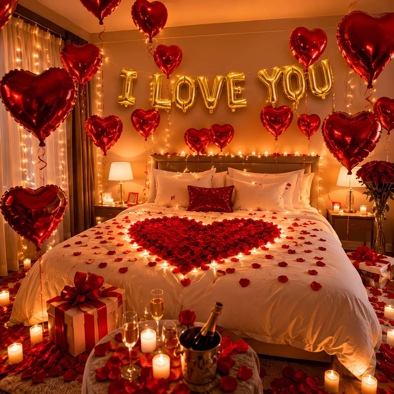 Romantic I LOVE YOU Balloon Decoration Kit Party Balloons Decorations for Proposal & Valentine S Day Red Heart Foil Balloons, Rose Petals, Fairy Lights & DIY Surprise Room Decor Set for Anniversary, Wedding, Date Night