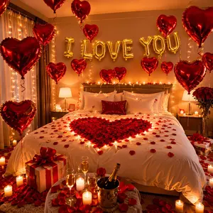 Romantic I LOVE YOU Balloon Decoration Kit for Proposal & Valentine S Day Red Heart Foil Balloons, Rose Petals, Fairy Lights & DIY Surprise Room Decor Set for Anniversary, Wedding, Date Night