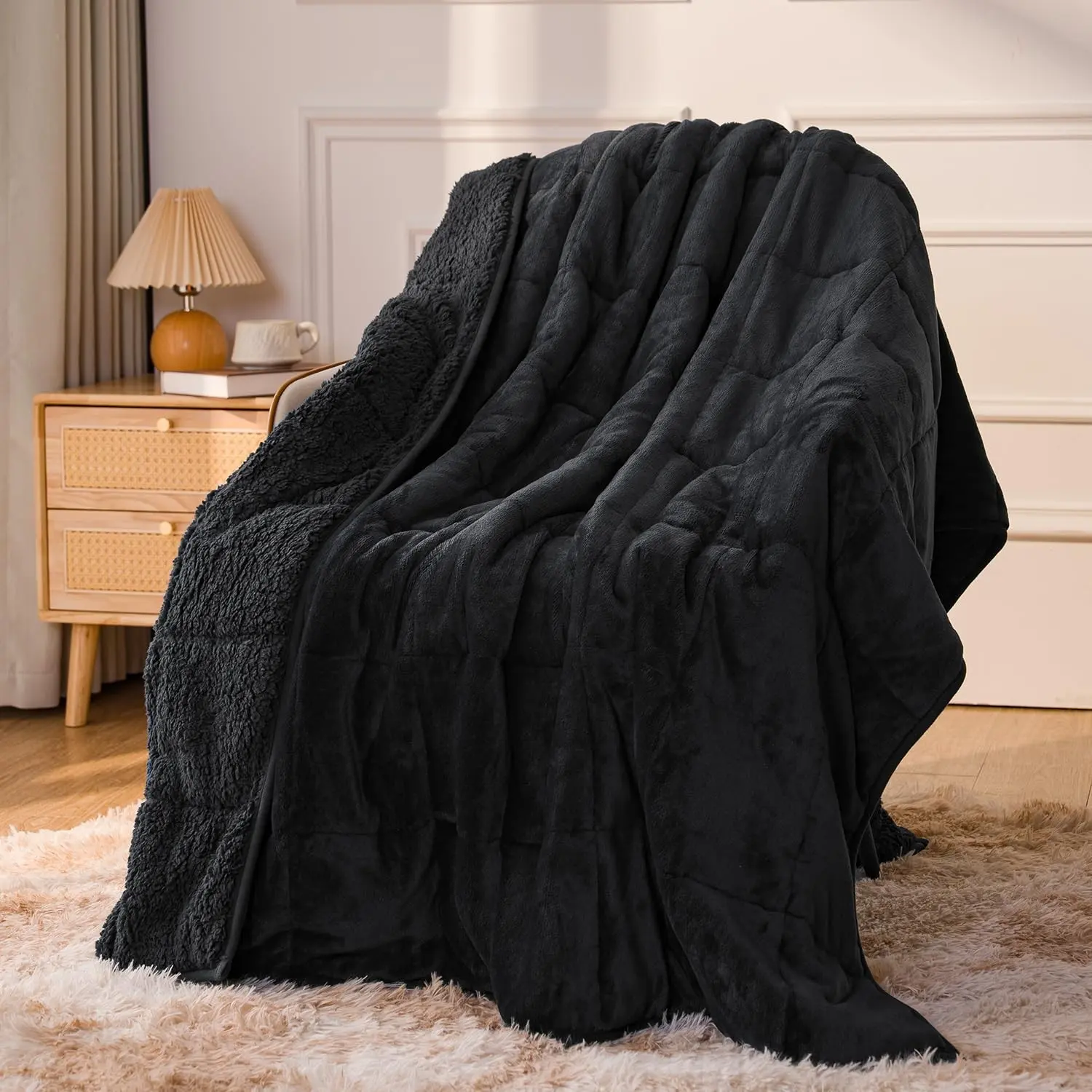 15 lbs 60 x 80 Inches Queen Size Weighted Blanket for Adult Men Women, Reversible Dual Sided Sherpa Fleece Heavy Throw for Deep Sleeping, Black