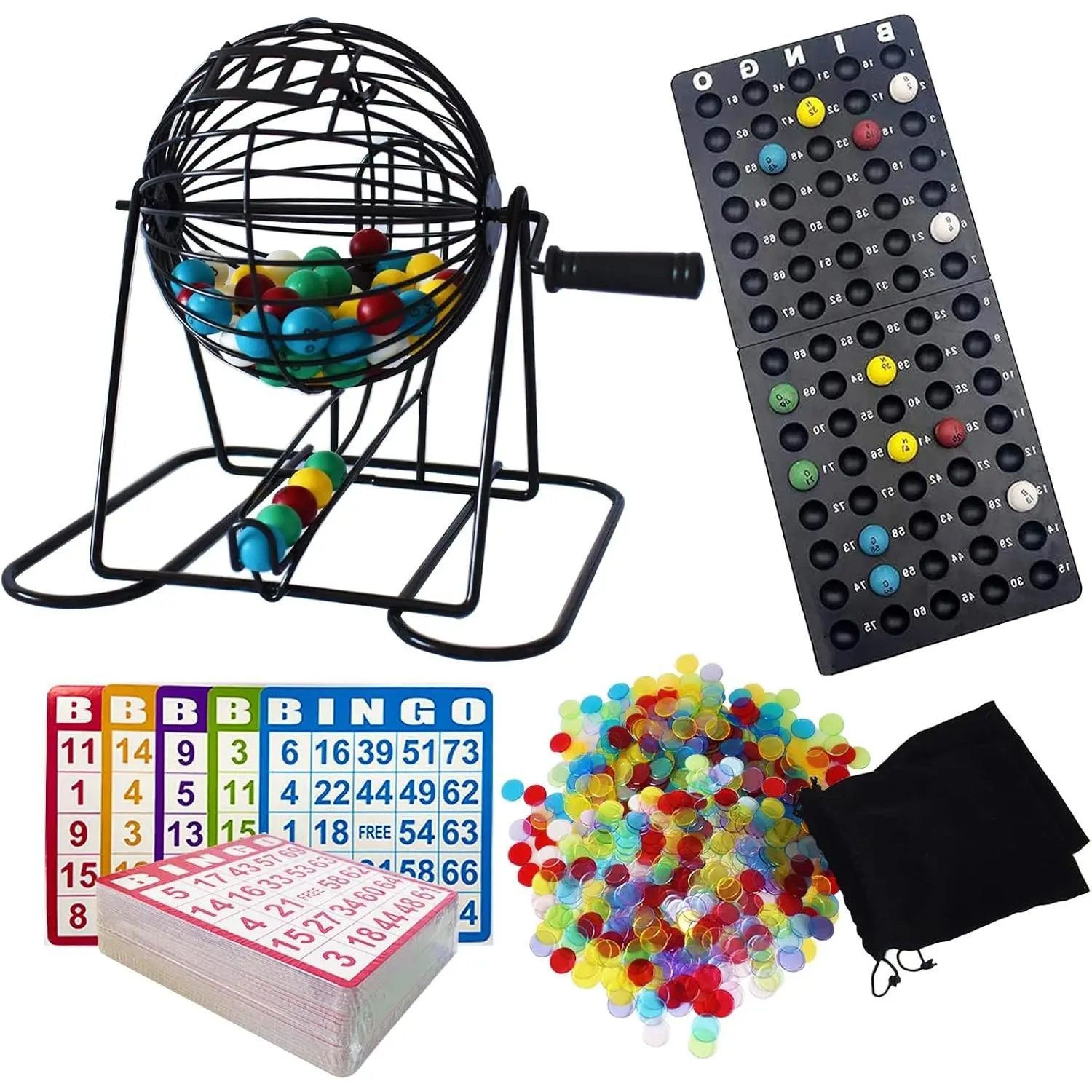 Deluxe Bingo Game Set - Metal Round Cage, 75 Colored Bingo Balls, 100 Bingo Cards, 500 Mixed Chips and Master Board, Ideal for Large Groups and Parties