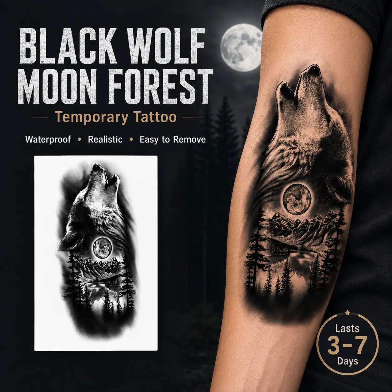 Black Wolf and Moon Forest Rectangle Temporary Tattoo Sticker - Single Sheet, Waterproof, Durable, Realistic Ephemeral Tattoo Art for Arms, Thighs, Mature Adults (Moisture Apply), Ephemeral Tattoos, Fake Tattoo