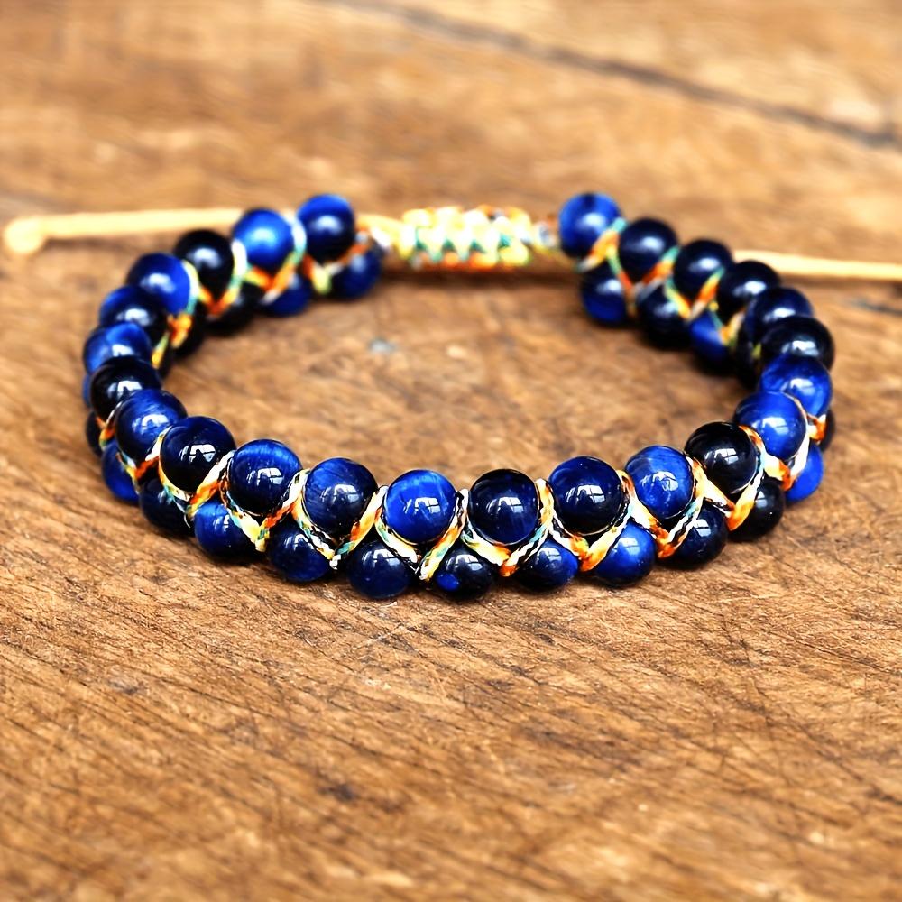 Bohemian style adjustable bracelet - natural cat's eye/tiger's eye beads, navy blue and gold accents, adjustable knot clasp, suitable for daily wear and vacation, women's accessory, July birthstone gift - uncoated natural stone bracelet, tiger's eye beads