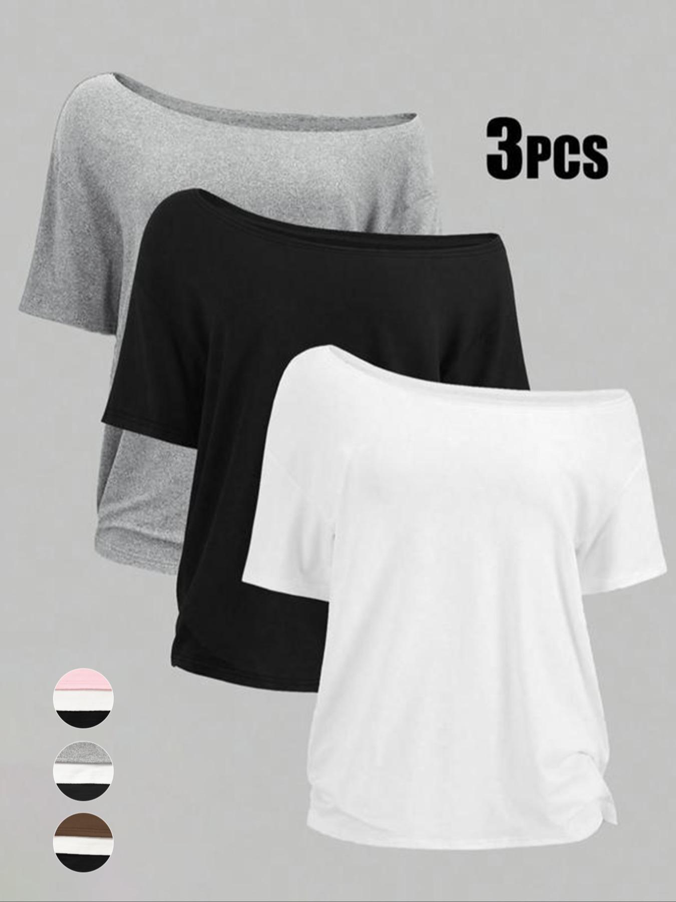 Women's Off-Shoulder Loose Casual Short Sleeve Knit T-Shirt Set of 3, Comfortable Summer Tops for Daily Wear, Stylish and Versatile