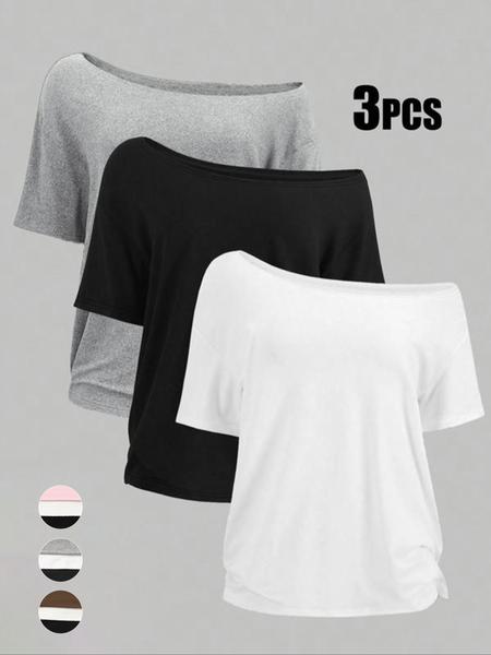 Women's Off-Shoulder Loose Casual Short Sleeve T-Shirt Set of 3, Comfortable Summer Tops for Daily Wear, Stylish and Versatile