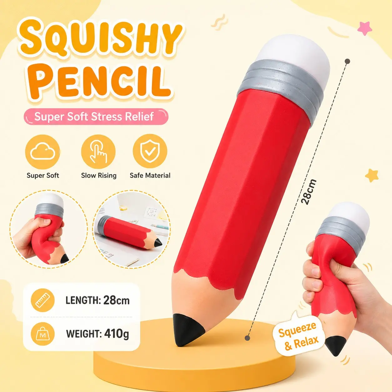 Giant Simulation Pencil Squishy Toy, Super Slow Rising Stress Relief Toy, Soft Squeeze Fidget Toy for Adults & Kids, Cute Giant Pencil Design, Anxiety Relief Squeeze Toy, Novelty Prank Toy, Perfect Gift for Party, Classroom, Office, Home Decor, Viral TikT