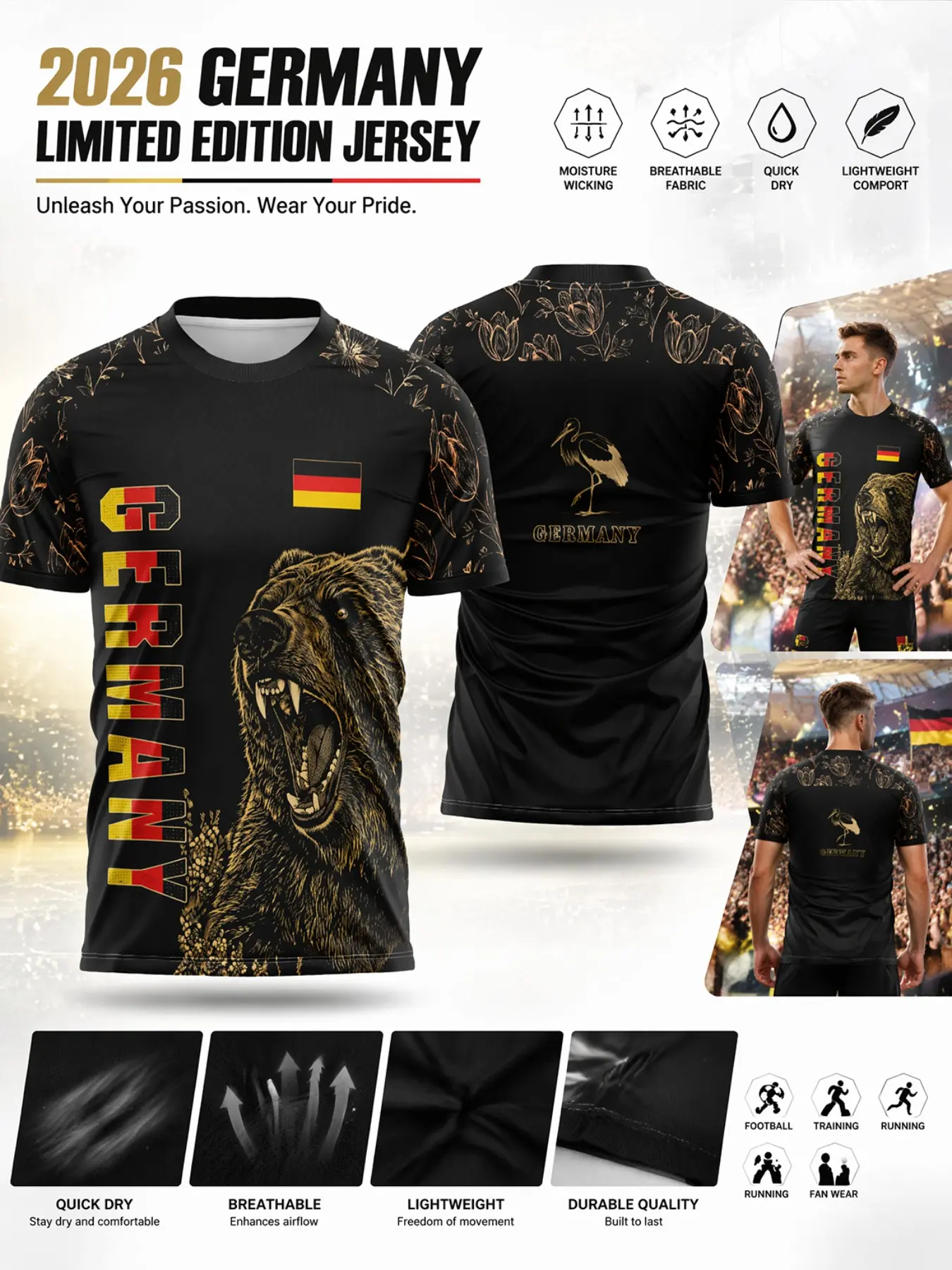 2026 German High-Performance Soccer Jersey, Ultra-Light Quick-Dry Sportswear, Lightweight Jersey, Vintage Floral Print, Easy Care, Ideal for Training and Casual Wear