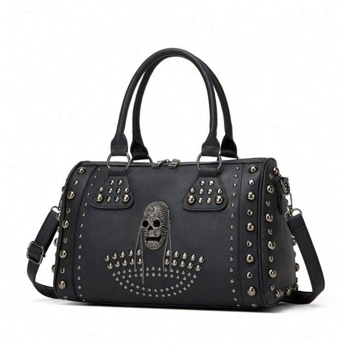 New Design Metal Rivet Skull Head Punk Rock Crossbody Bag, Studded Women Large Capacity Handbag Shoulder Messenger Bag Retro Fashionable Rivet Skull Tote Bag Halloween Bags Perfect for Fancy Party Daily Outgoing