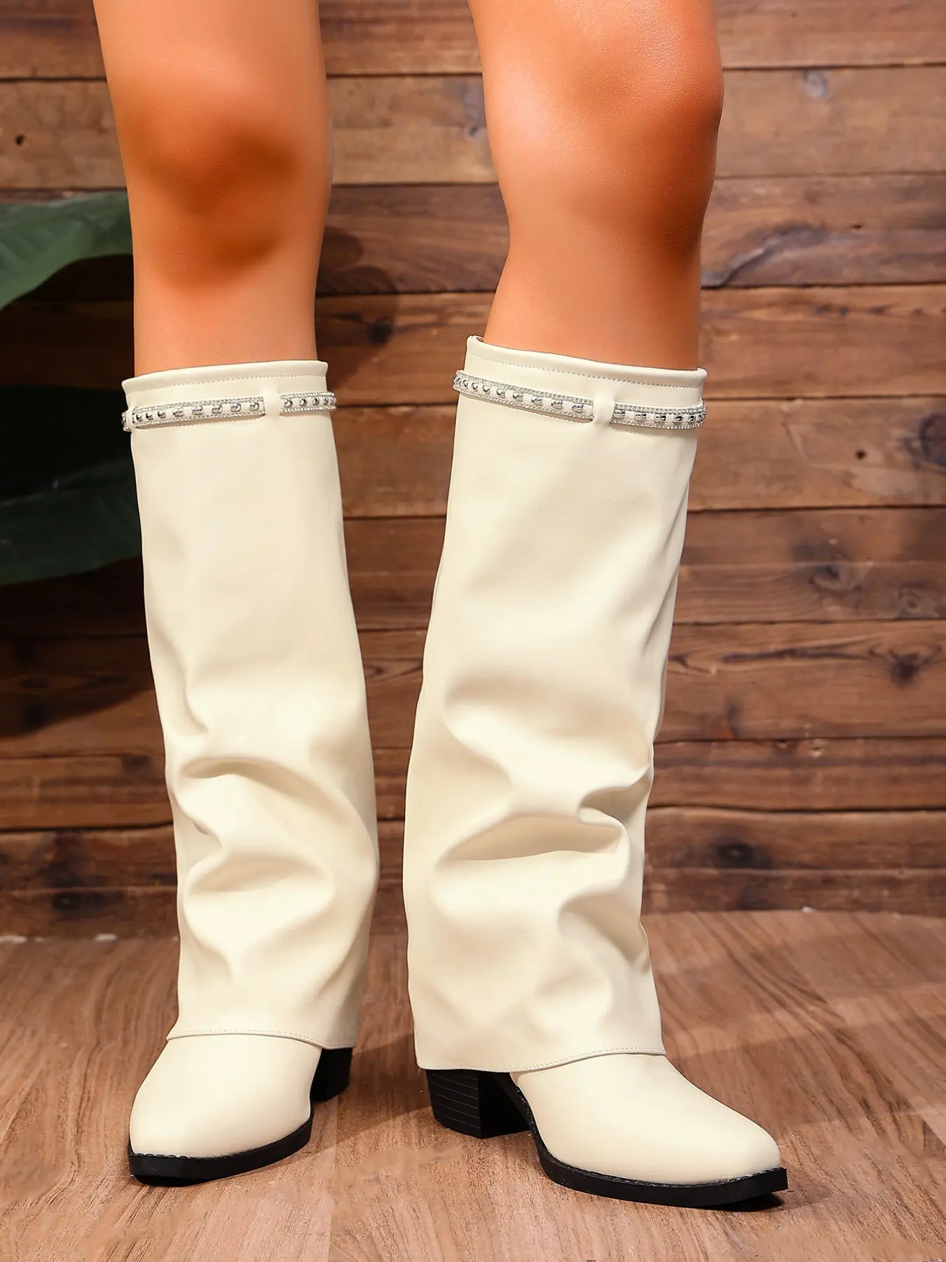 Women's Vintage Distressed High-Calf Knight Boots, Pointed Toe Thick Heel Rhinestone Buckle Long Boots, Casual Slimming Western Shoes