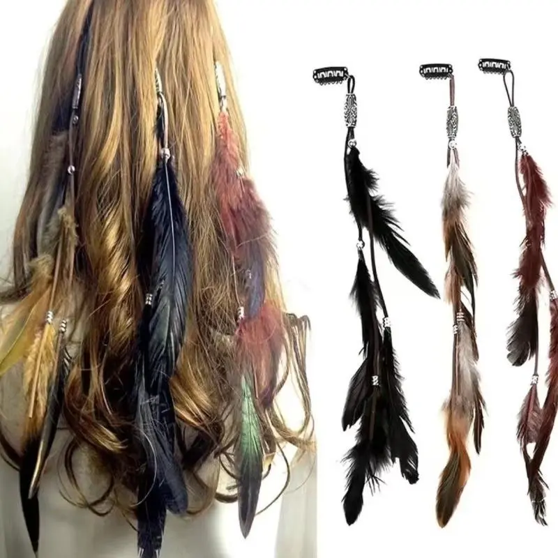 3 Pack Bohemian Ethnic Long Natural Feather Hair Barrettes, Retro Indian Tassel BB Hair Clips, Hippie Vintage Feather Hair Pins, Boho Hair Accessory for Beach Vacation, Music Festival, Cosplay & Daily Women Outfit Styling, Summer Wins Fashion Hair Decor