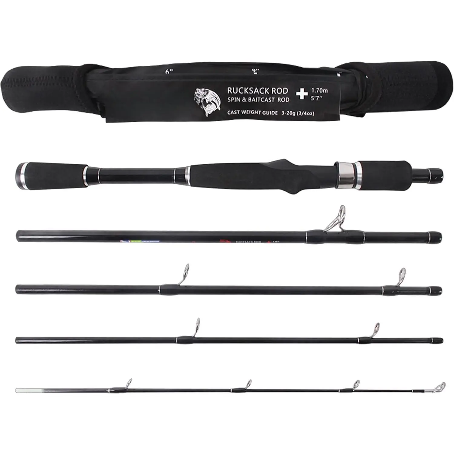 and  Rucksack Compact Spin Baitcast  Rod +  Trigger | Super compact 5’7” 170cm 5-section rod + neoprene case  Trigger for spin or casting, ideal for , freshwater  sea.