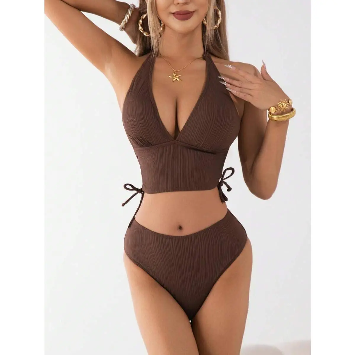 women'sWomen's 2-Piece Ribbed Halter Deep V-Neck Bathing Suit - Solid Dark Brown, Side Tie, High Waist, Full Coverage Swimwear for Beach Vacation, Two Piece Set, Female