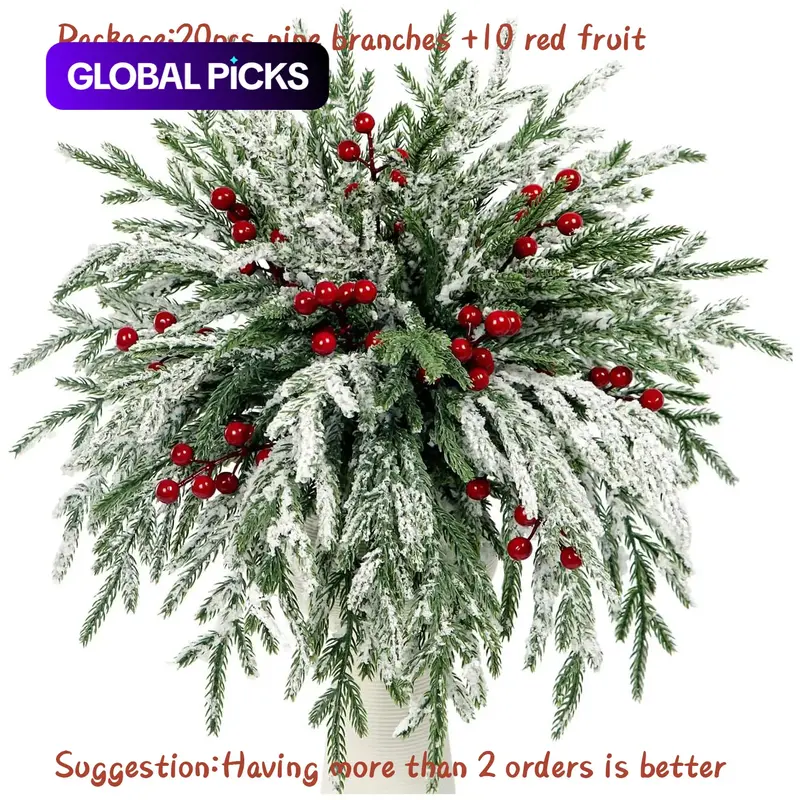 30 Artificial Christmas Tree Branches with Berries, 13.8 Inch Fake Norfolk Spruce Leaves, Holiday Decorations Ornaments (30 Pieces) #GLOBAL PICKS