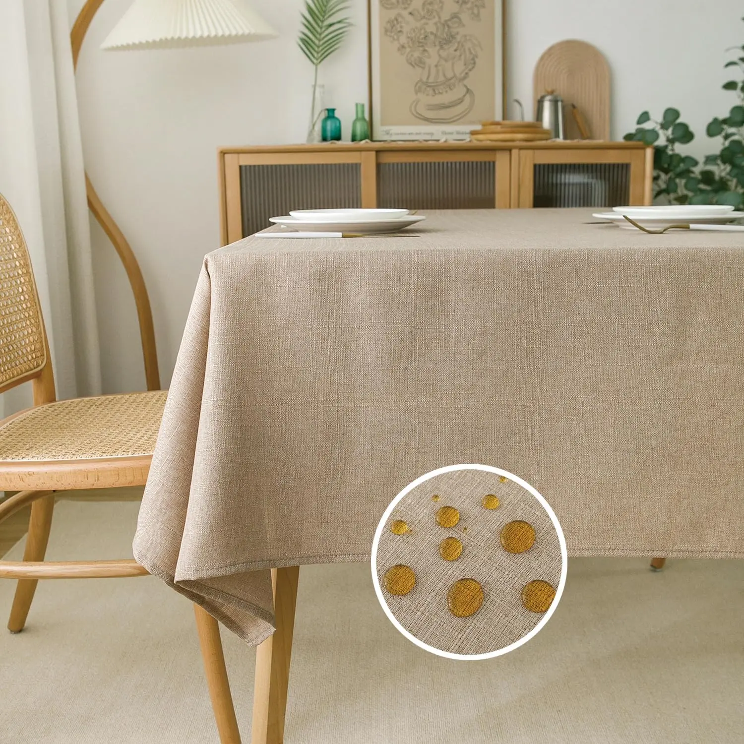 Natural Linen Table Cloth 6ft, Burlap Tan Tablecloth Rectangular Dining Table Cover Water Resistant for Kitchen Party Cafe, 54 x 78 Inch