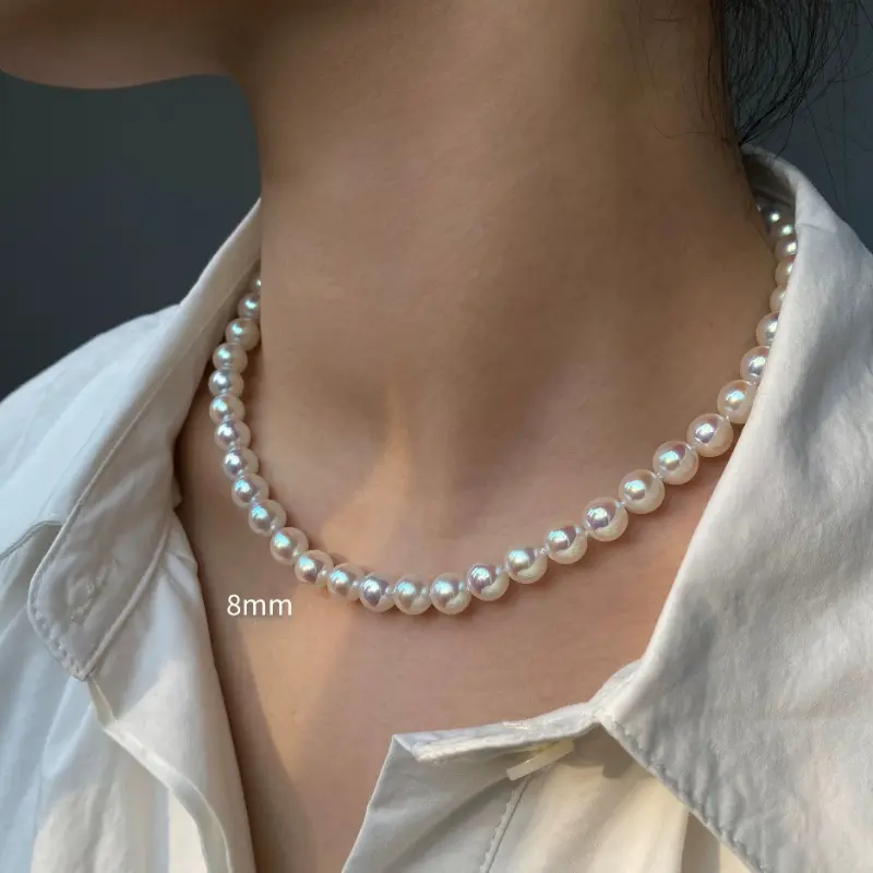 6 8 10 12mm Pink Light Imitation Pearl Necklace Aurora Mirror Finish Collarbone Chain Jewelry Set for Women Gift Banquet