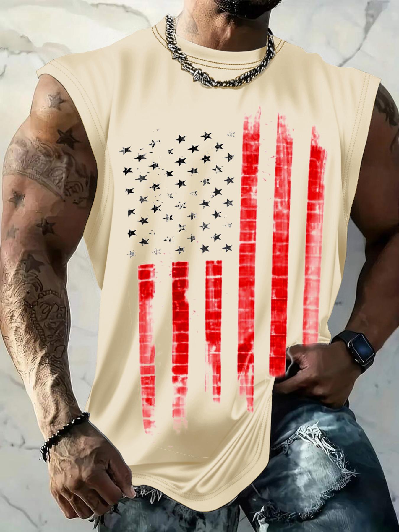 Men's American Flag Print Tank Top, Regular-Fit Casual Sleeveless Top for Daily Outdoor Wear, Men's Clothes for Summer Men's American Flag Print Tank Top, Regular-Fit Casual Sleeveless Top for Daily Outdoor Wear, Men's Clothes for Summer