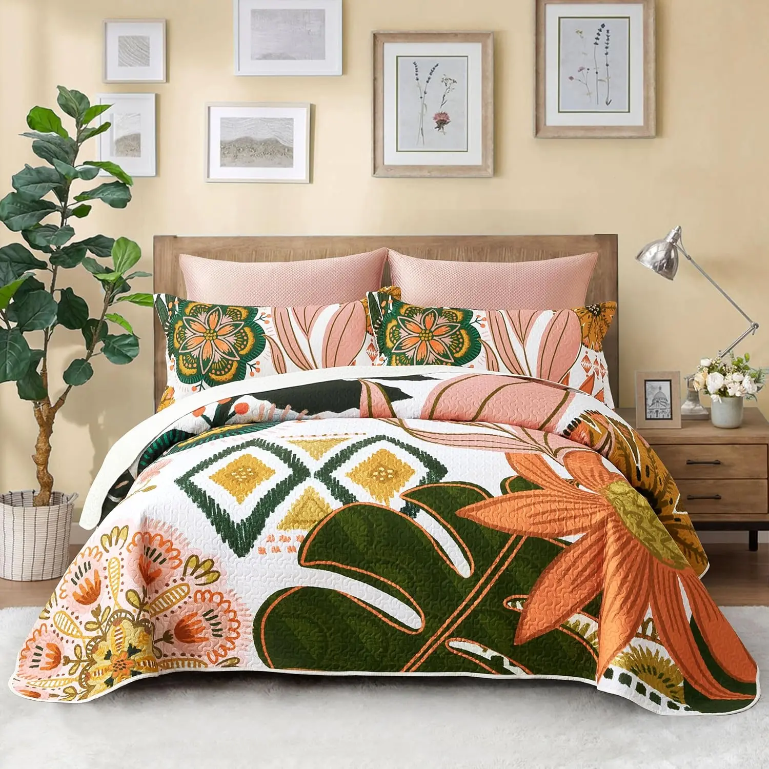 3 Piece Boho Floral King Size Sets Farmhouse Botanical Reversible Lightweight Bedspread Coverlet with 2 Shams Mid Century Leaves Microfiber Bedding Set for All Season, 106''x96''