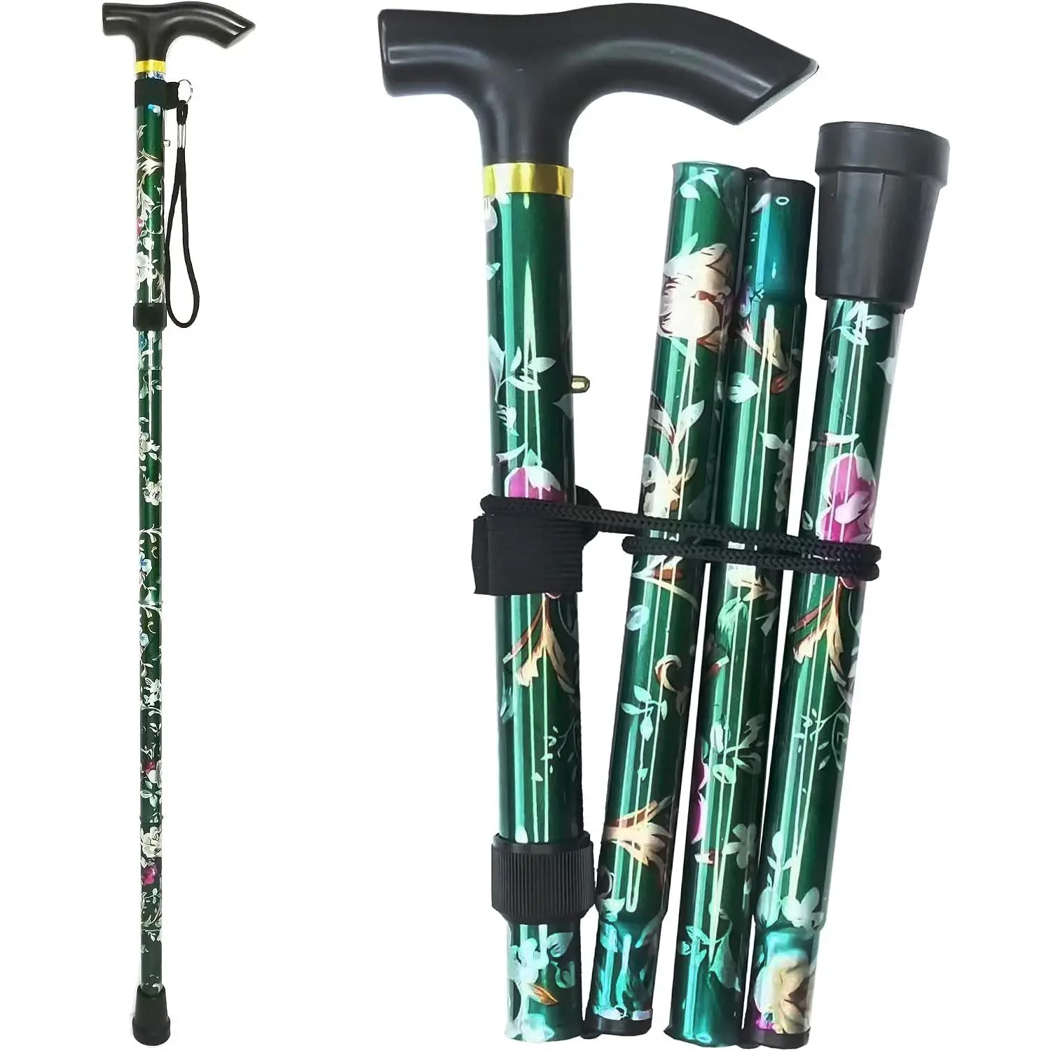 Folding Canes for Men and Women, Floral| 5-Level Adjustable Height, Lightweight Collapsible, Aluminum, Wrist Strap, T Handle, Walking Sticks for Seniors Adults