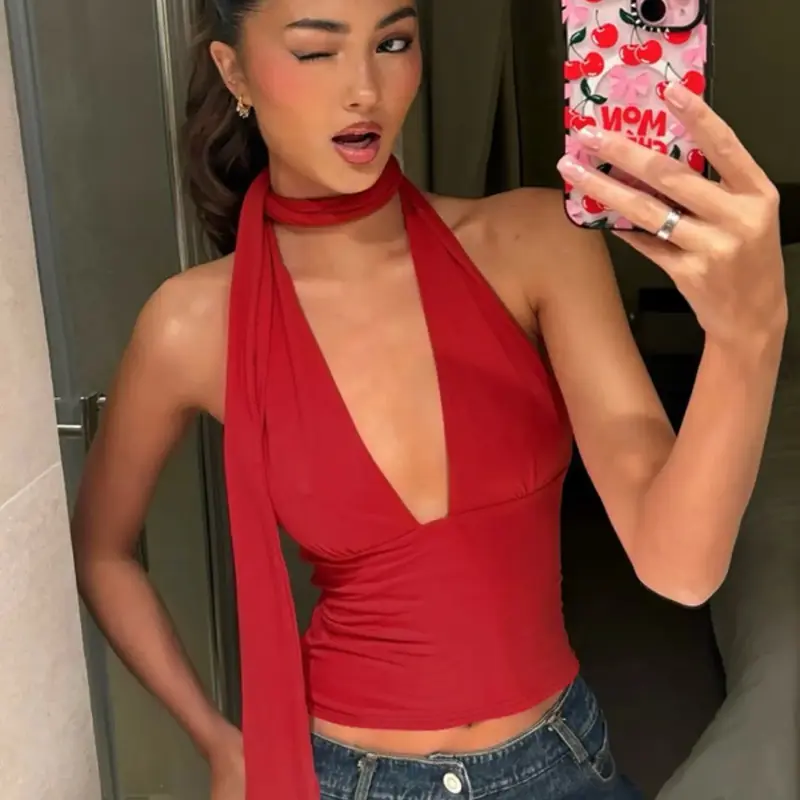 Women's Plain Halter Neck Backless Top, Casual Sexy  Plunge Neck Sleeveless Top for Summer, Women's Clothing for Daily Wear, Plunge Neck Top, Bodycon Camisole, Womenswear, Elegant Sleeveless Cami, Cami Tank Tops