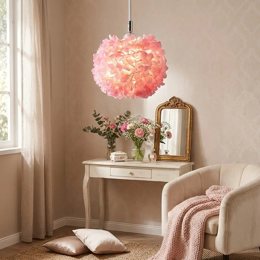 Romantic 3D Floral Sphere Lampshade - Artificial Hydrangea Flower Ball Light Cover for Pendant & Floor Lamp - Pink/White