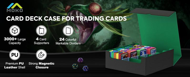MoKo Trading Card Storage Box, 3000+ MTG Deck Box with 24 Colorful Dividers & 4 Card Supporters, Commander Card Deck Case Fits for Magic Game Cards, YugiOh, TCG, PTG and Sport Cards, Green
