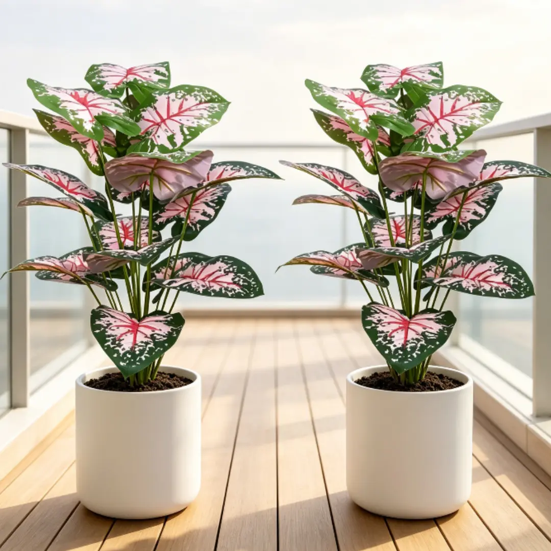 2-Pack 28in Pink Caladium Large High-Quality Artificial Indoor Greenery Set, Variegated Caladium Colorful Tropical Anthurium Palm Plants for Home Office Decor, Low Maintenance, All Seasons, Decorative Houseplant