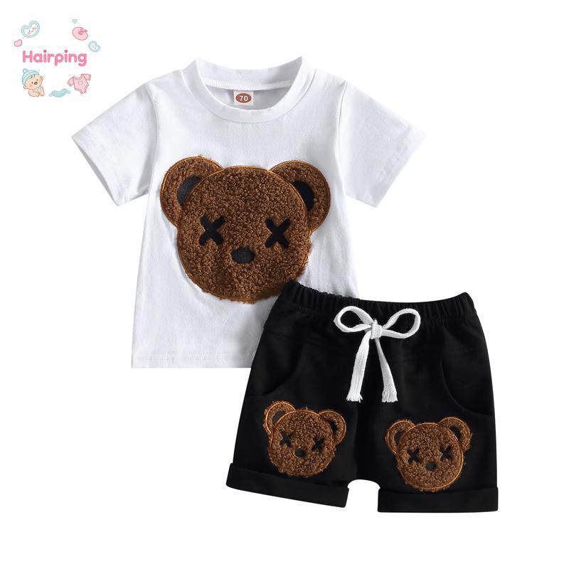 Baby Boys Summer 2-piece Outfits, Cartoon Bear Pattern Short Sleeve T-shirt and Casual Elastic Shorts Set, Casual Baby Boys Outfits