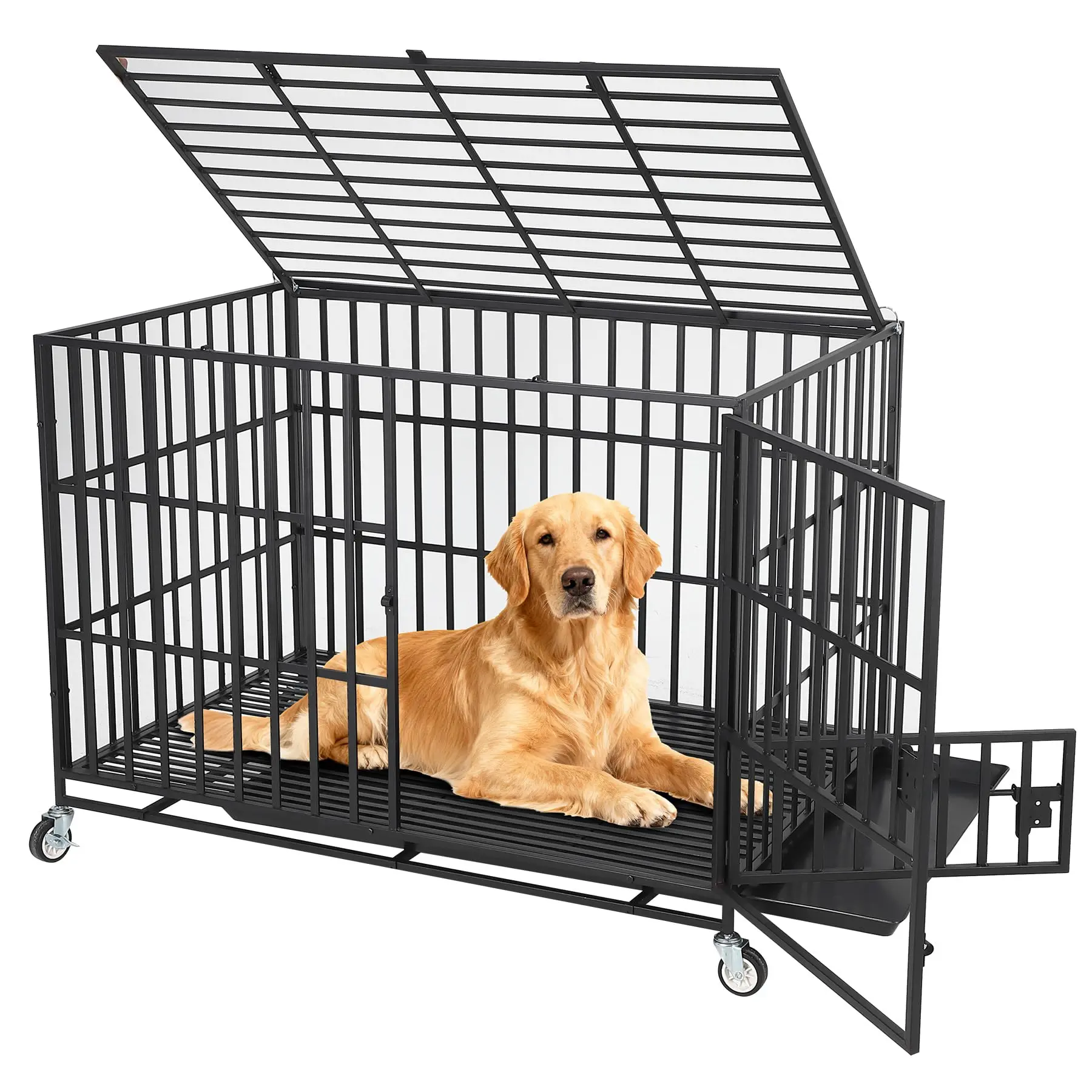 Heavy Duty Escape Proof Dog Crate Indestructible Metal Dog Cage with Wheels 0.6" Steel Square Tubes Dog Kennel with Removable Tray Triple Doors Double Latches Anti-Anxiety Rustproof for Medium Large Extra Large Dogs German Shepherd Husky